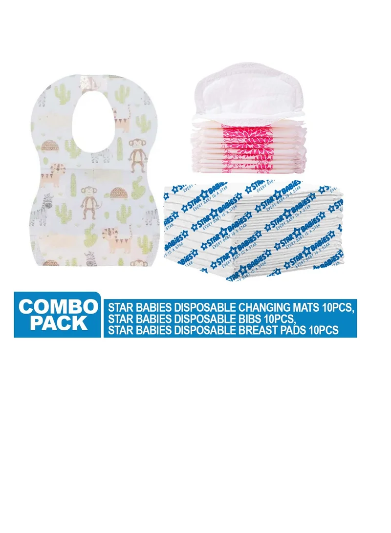 ستار بيبيز Star Babies Disposable Combo pack (Changing mat 10pcs, Breast Pad 10pcs, Bibs 10pcs)-White